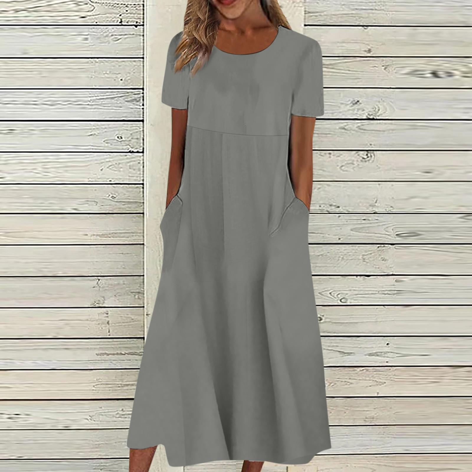 

Жіноча літня повсякденна модна одноколірна сукня з короткими рукавами та круглим вирізом XXL