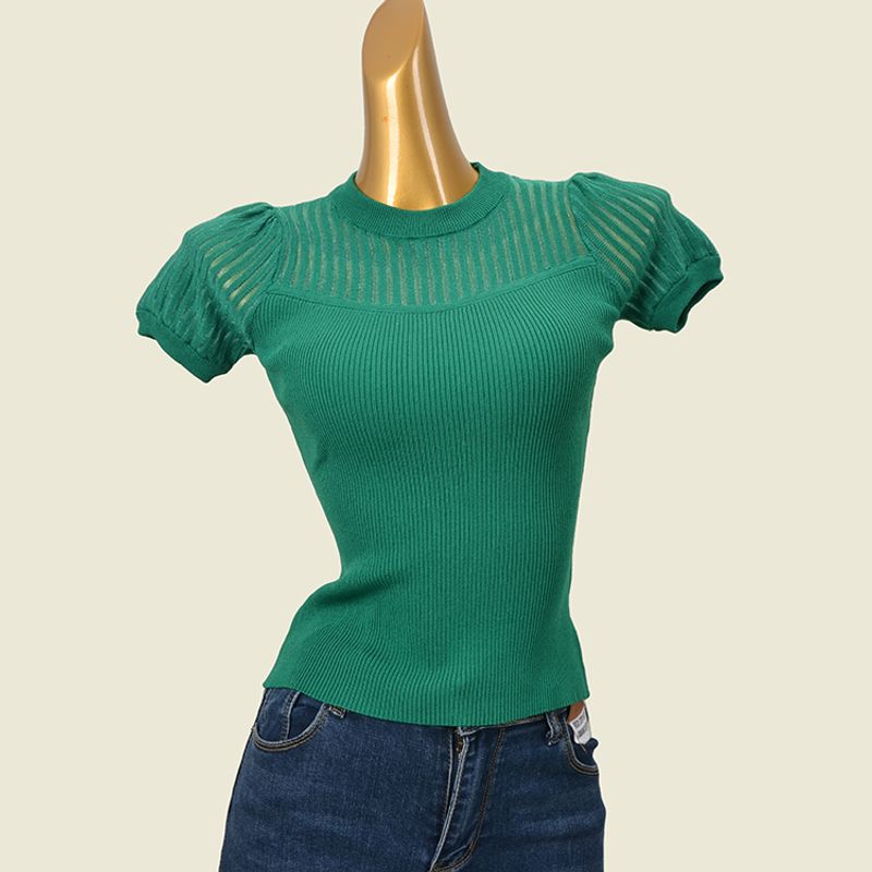 Perspective Texture Bubble Sleeve Pullover Tops Summer Short Sleeve Silm Stretch Knitting T-shirt