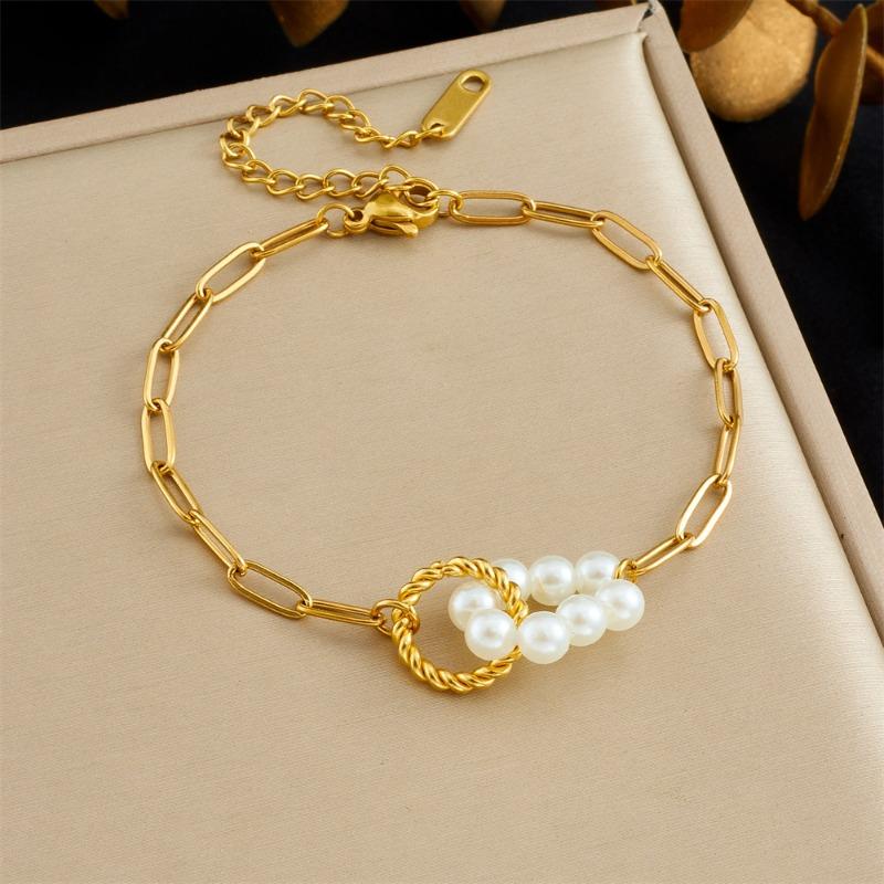 Gold Tone Paperclip Chain Bracelet with Pearl Flower Charm