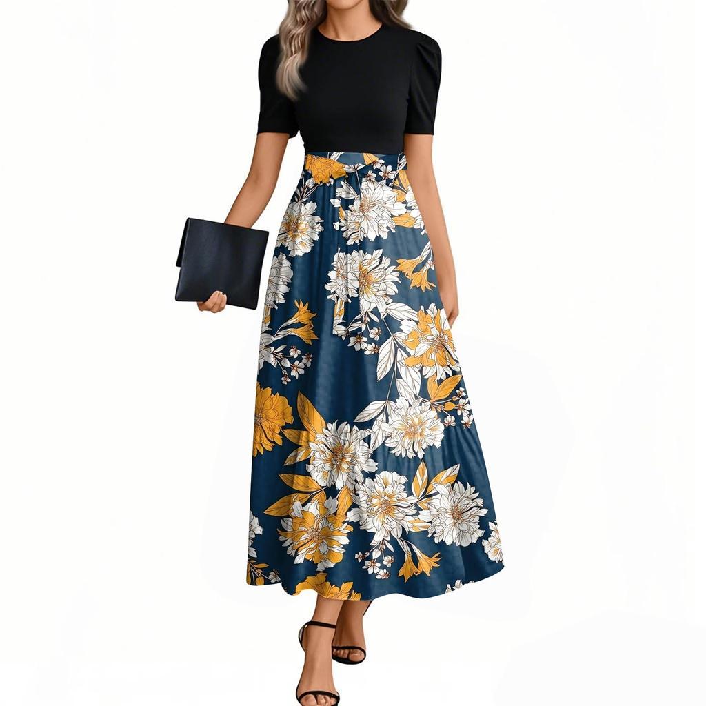 Women's Fashion Casual Belted Round Neck Short Sleeve Floral Patchwork Elegant Dresses