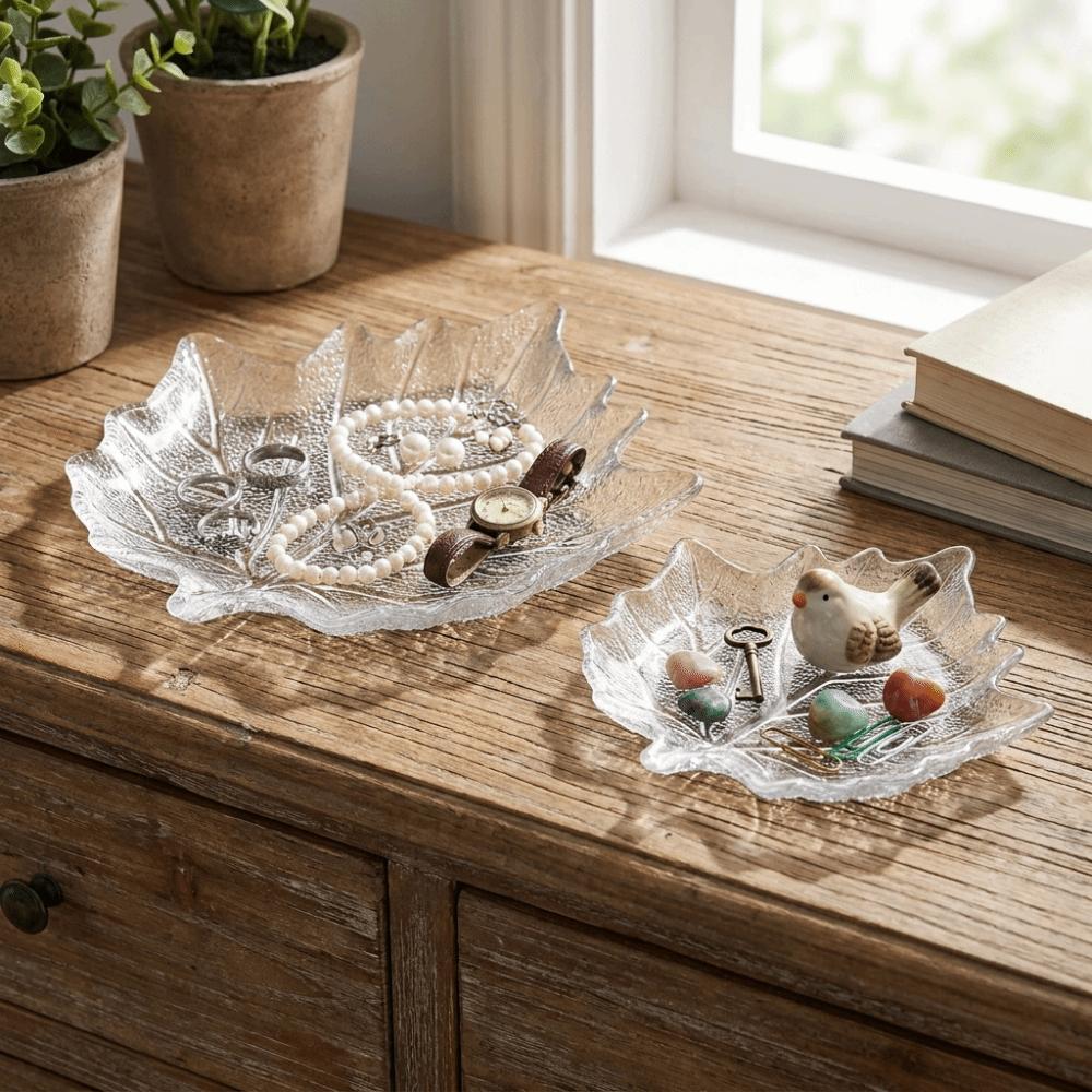 European Style Glass Dessert Dish Leaves Shape Desktop Storage Tray  Picnic Use