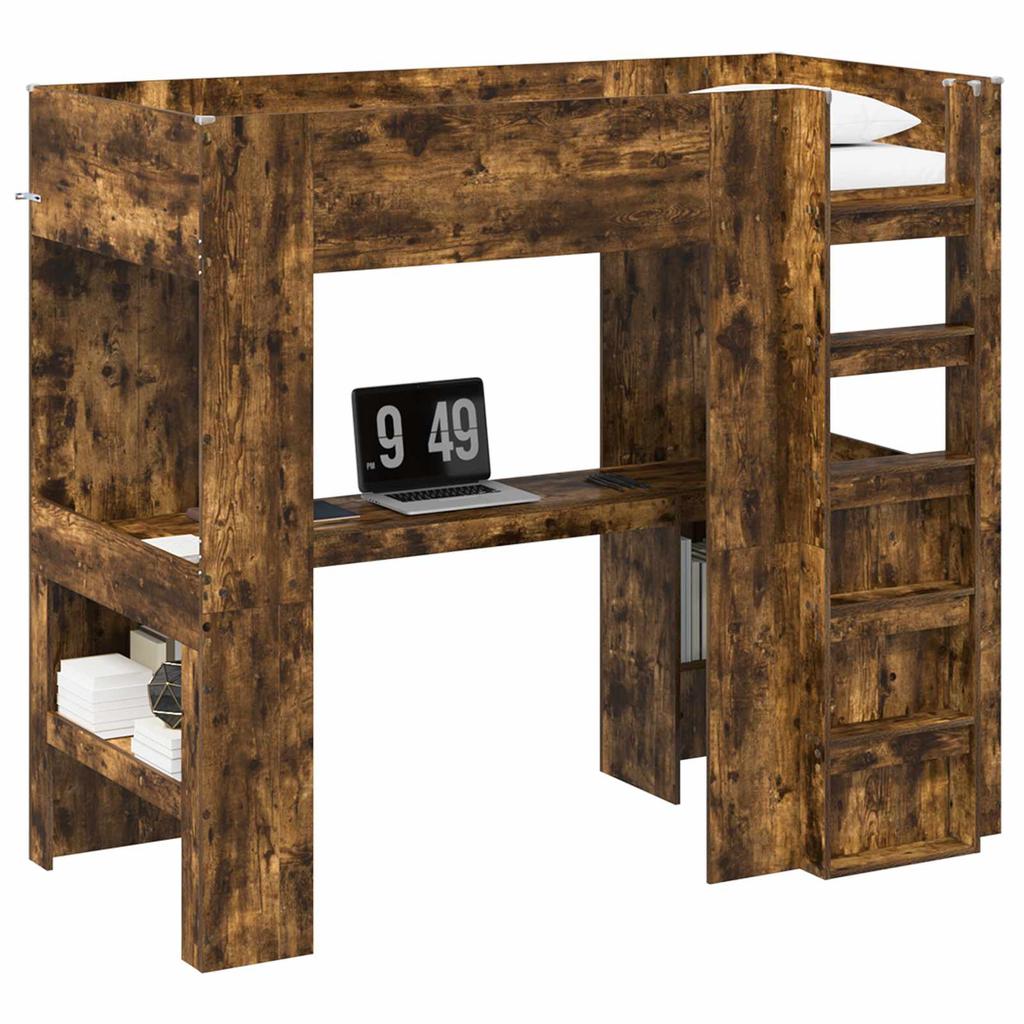 Loft Style Bunk Bed Frame with Desk Smoked Oak