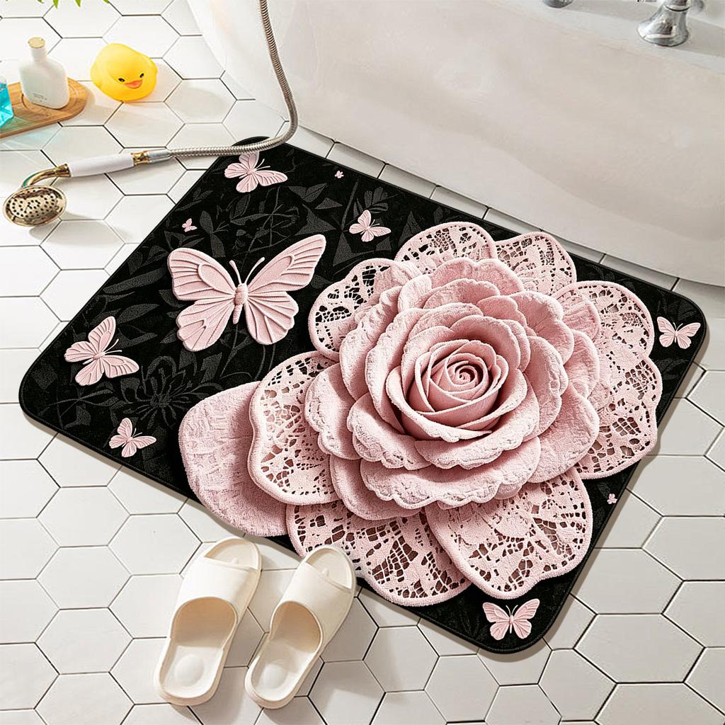 Custom3d Printed Floral Pattern Designer Bathroom Rug with logo Non-slip Soft Absorbent Bath Rug Diatom Mud Stone pink Rug Mat