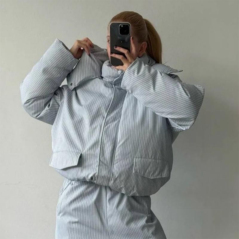 Women Loose Drawstring Striped Warm Thick Hooded Winter Puffer Coat