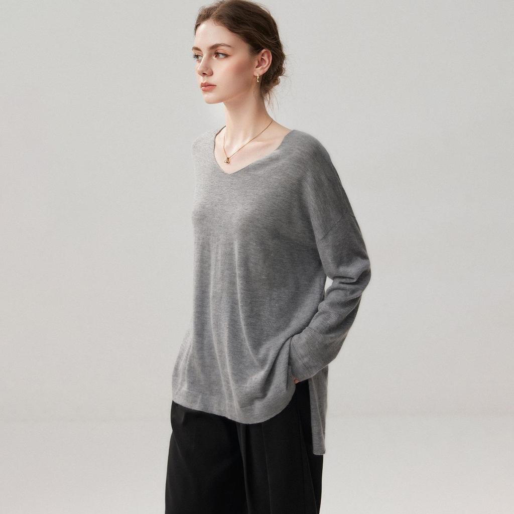 Women's V-Neck Loose Cashmere-Feel Side Slit Cardigan Sweater