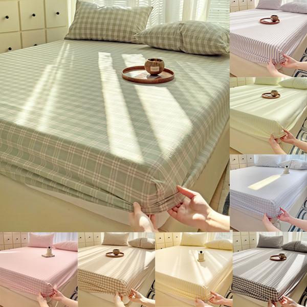 Modern Design Light Green Linellae Pattern Printed Fabric Bed Sheets Cotton Breathable Mattress Cover Colorful Fitted Sheet with Pillowcase