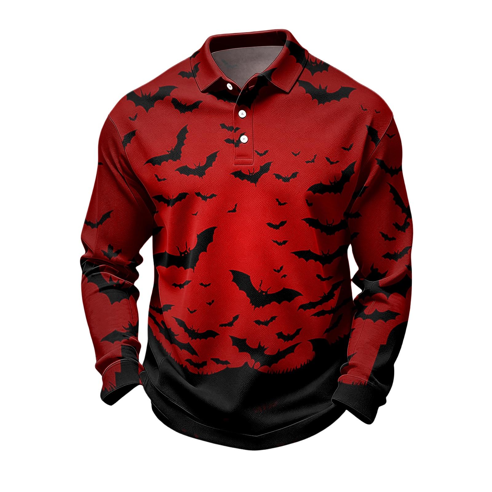 Men s Casual Long Sleeve Quick Dry Mesh Golf Shirt with Halloween Print M