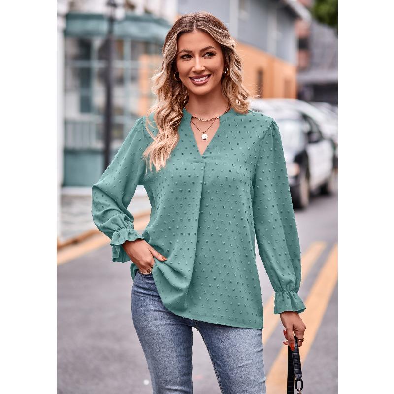 T-shirt Jacquard da Donna con Scollo a V, Maniche Lunghe Ampie e Maniche a Ombrello