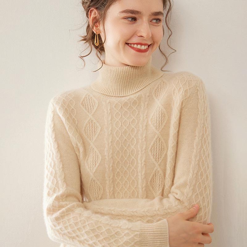 Ladies' Retro High-Neck Double-Strand Cashmere Knit Pullover