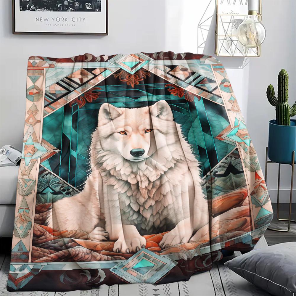 1Pc Natvie Wolf Print Flannel Blanket, High quality Comfortable for All Seasons, Home Decor, Warmth and Comfort, Perfect for Christmas Gifts