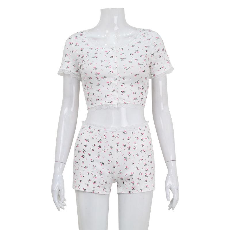 

Европейский и американский женский кардиган с длинным рукавом и кружевной отделкой и комплект цветочных шорт - Летняя повседневная домашняя одежда Large