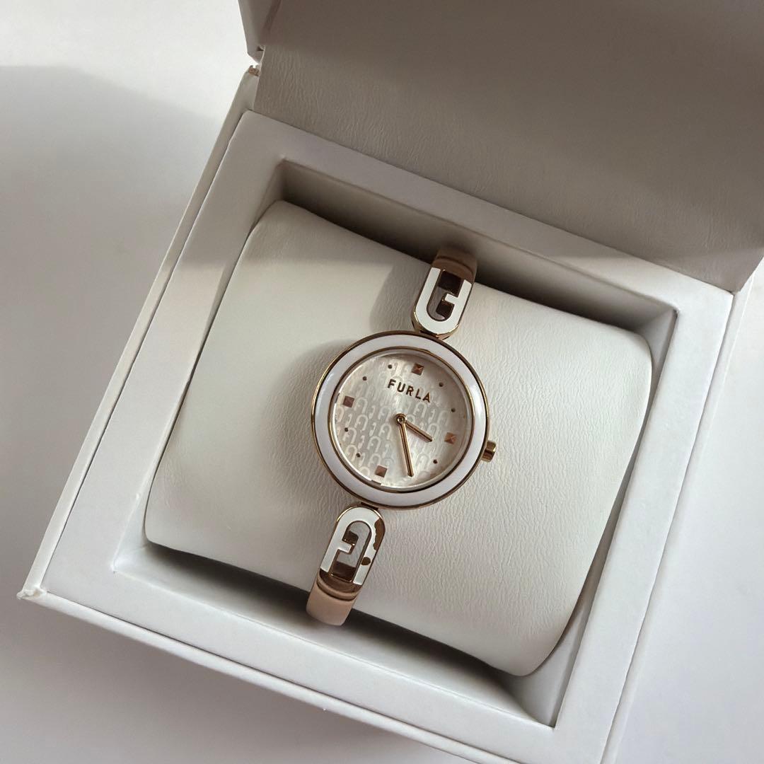 Used [Battery replaced] Furla watch FURLABANGLE white pink gold