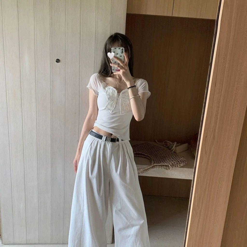 Camiseta con Lazo de Mariposa de Encaje Verano Mujer Blanca Oversize Diseñador Algodón