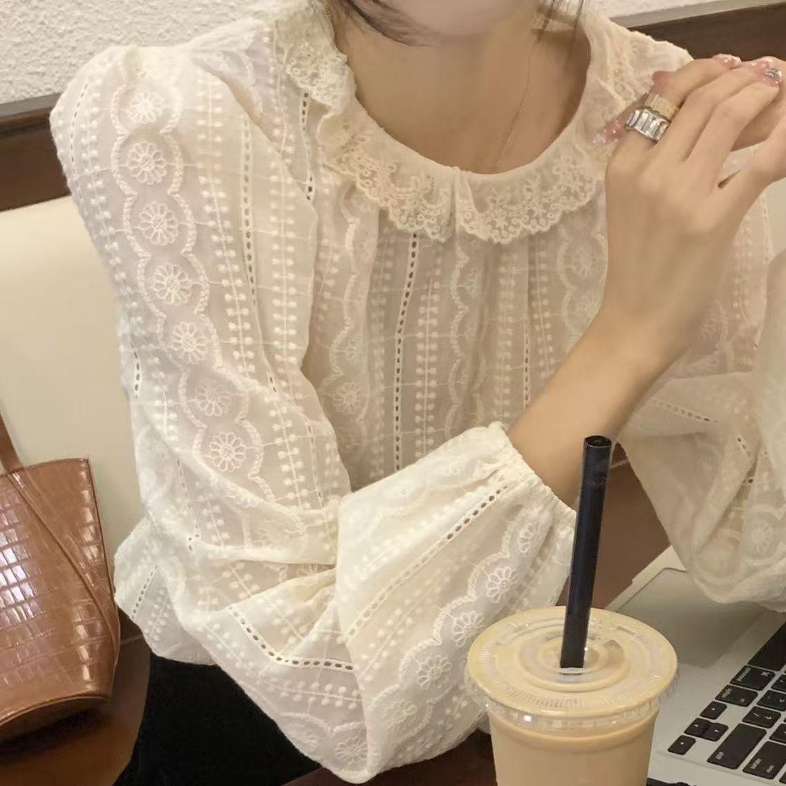 

French Retro Crochet Shirt with Lace Petal Collar, Apricot, Long Sleeve, Gentle Style for Spring/Autumn Women s Fashion XL абрикосовый