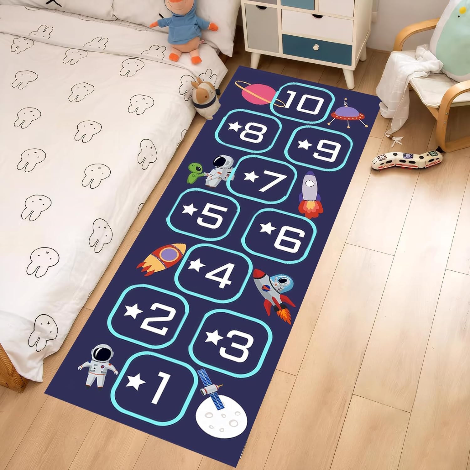 Space Hopscotch Kids Play Rug Number & Space Educational Carpet Non-Slip Washable Stain-resistant Play Mat for Kids Room Bedroom 40x120cm