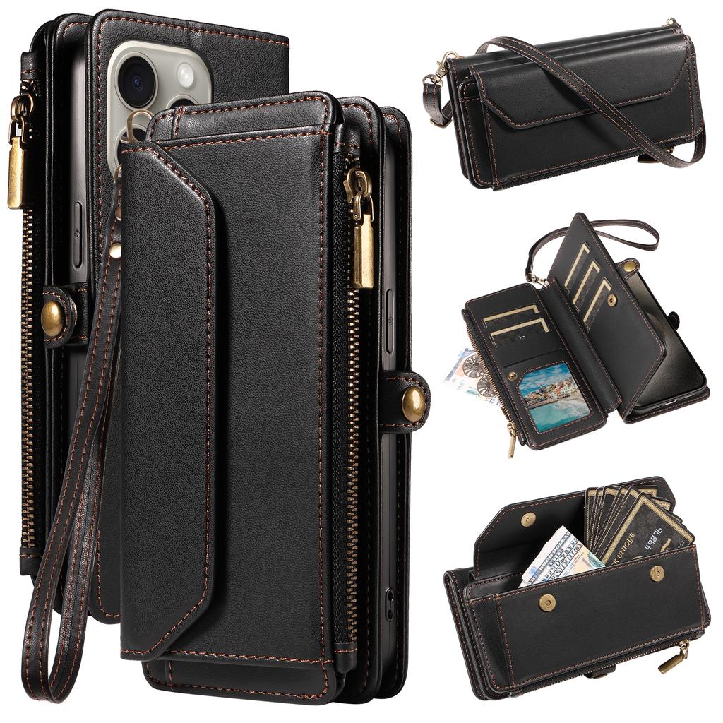 Multi-Card Slot Wallet-Style Phone Case (Long Strap + Short Strap) for IPhone 17/16/15/14/13/12/11 Pro Max Protective Set with Coin Pocket