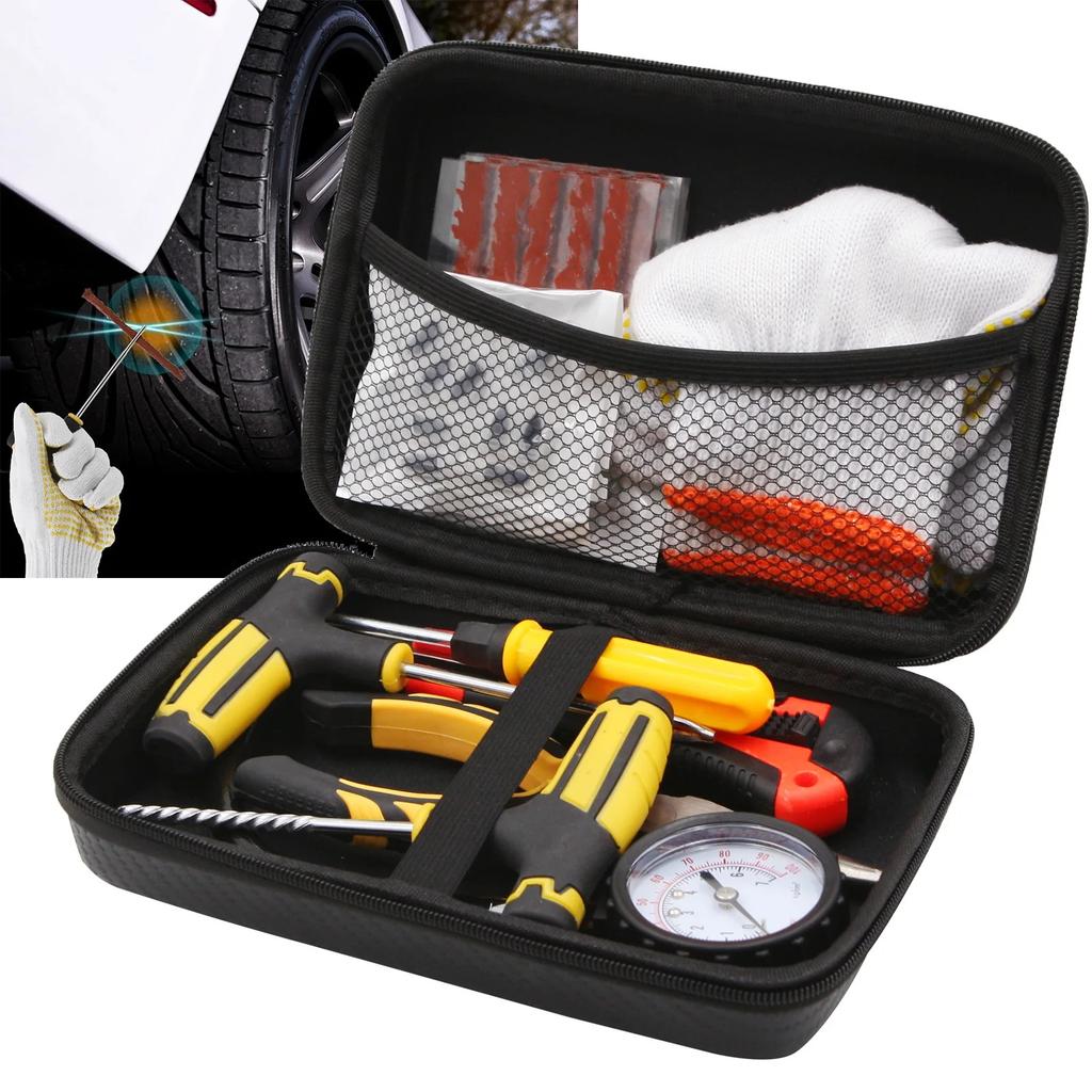 Auto Tire Repair Tool Tire Repair Kit - Bike Puncture Plug Garage Needle Nose Pliers Studding Tool Set With EVA Storage Case
