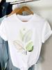 Geometric Plant Abstract Art White TShirt with Black Leaf Earth Tone Design Minimalist Casual Top for Women