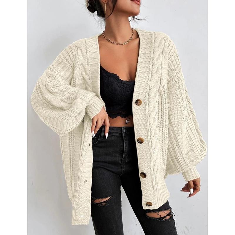 

Осенний новый свободный вязаный свитер больших размеров, пальто для женщин, зимняя мода, однотонный кардиган, женский винтажный кардиган с v-образным вырезом и рукавами-фонариками, куртка 24594 One Size белый