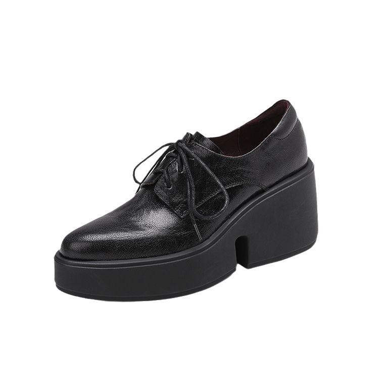 High heel thick sole pointed sheepskin single shoes~ 2025 spring and autumn new lace-up 8cm wedge heel waterproof table leather loafers