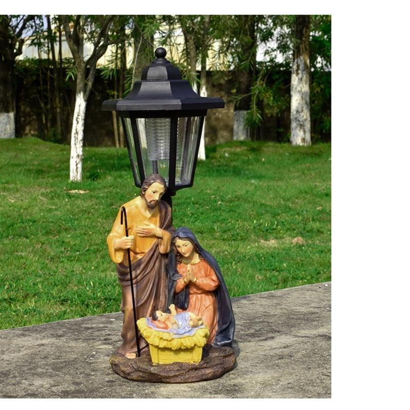 Solar Light Nativity Manger Scene Resins Sculpture Holy Family Ornament For Outdoor Garden Christian Home Decoration
