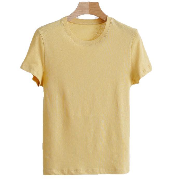 Women's Slim Fit Round Neck Short-Sleeve T-Shirt in Creamy Goose Yellow with Soft Bamboo Linen Cotton Blend