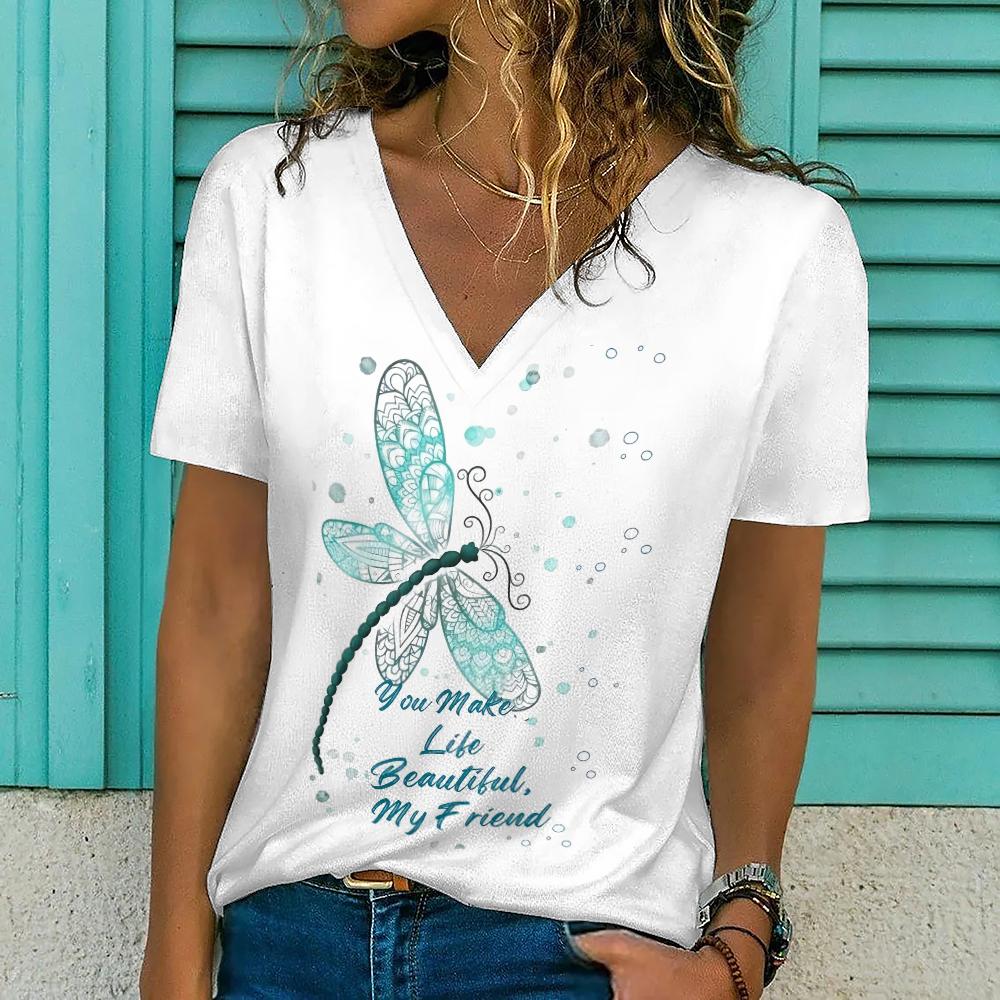 

Красочные футболки с принтом перьев стрекозы для женщин, дизайнерский укороченный топ размера плюс, женская рубашка с коротким рукавом, летняя женская одежда 8XL