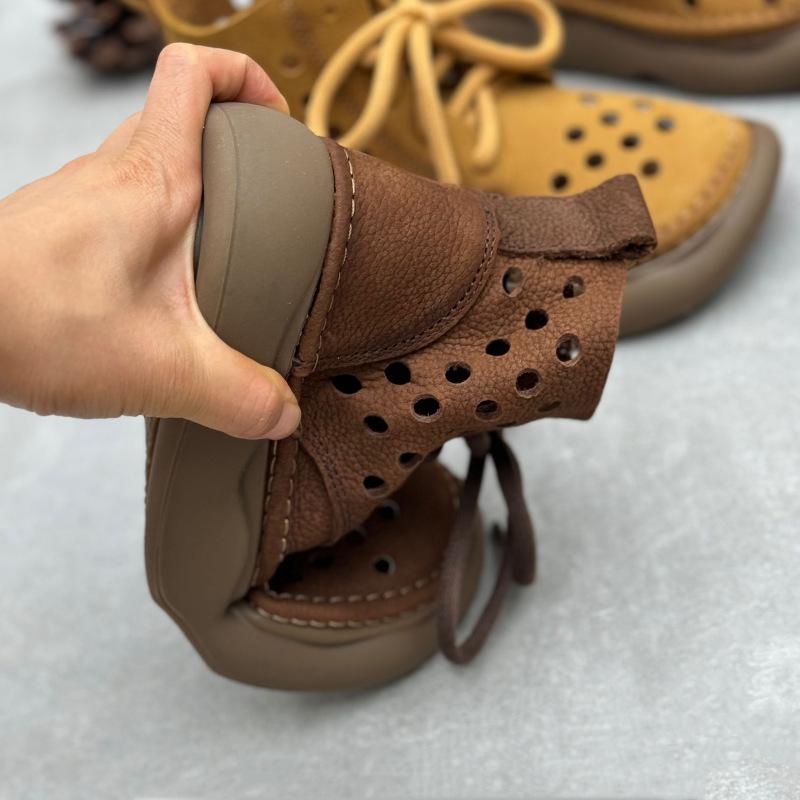 Retro Handmade Genuine Leather Cutout Flat Boots with Round Toe and Lace-up Design for Summer