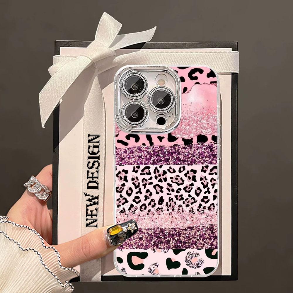 Glitter Leopard Print Printed Glacier Texture Case For iPhone 17 Air 16 15 14 13 12 11 Pro Max 8 Plus Glass Lens Protector Cover