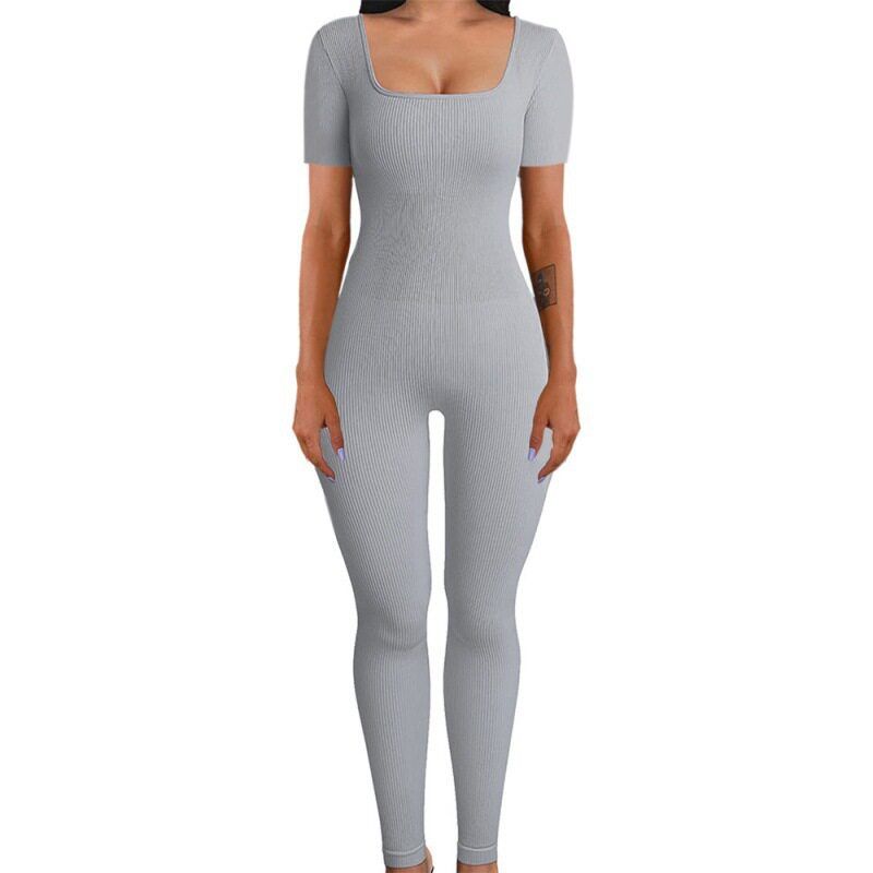 Amazon European and American Foreign Trade Women's Clothing Jumpsuit Autumn and Winter New Ribbed Square Neck Butt-Lifting Slim Sexy Jumpsuit