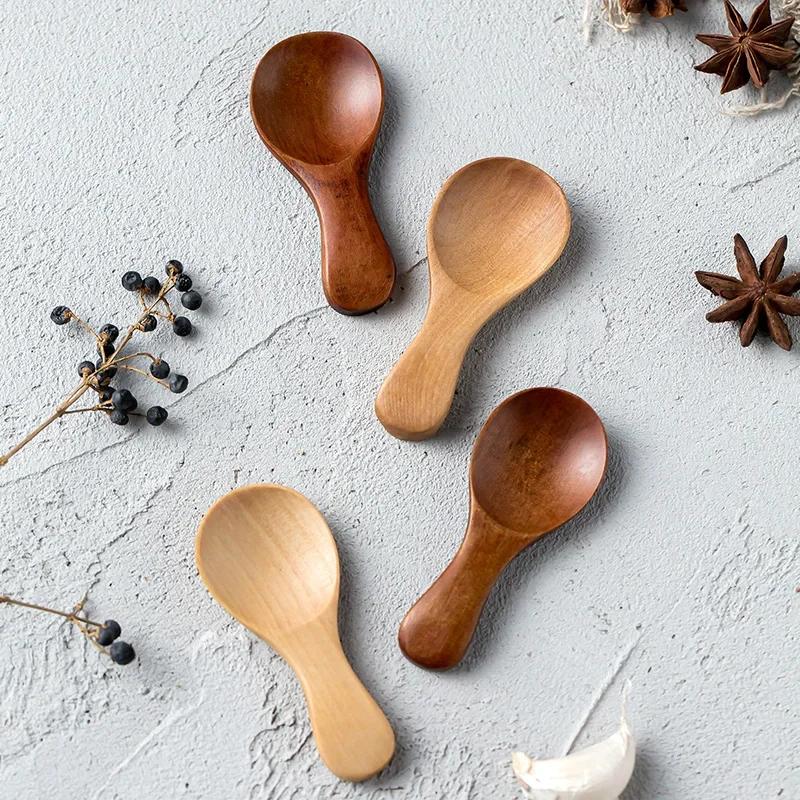 1-10Pcs Mini Wooden Spoons Small Kitchen Spice Condiment Spoon Sugar Tea Coffee Scoop Short Handle Wood Kids Spoon Kitchen Gadge