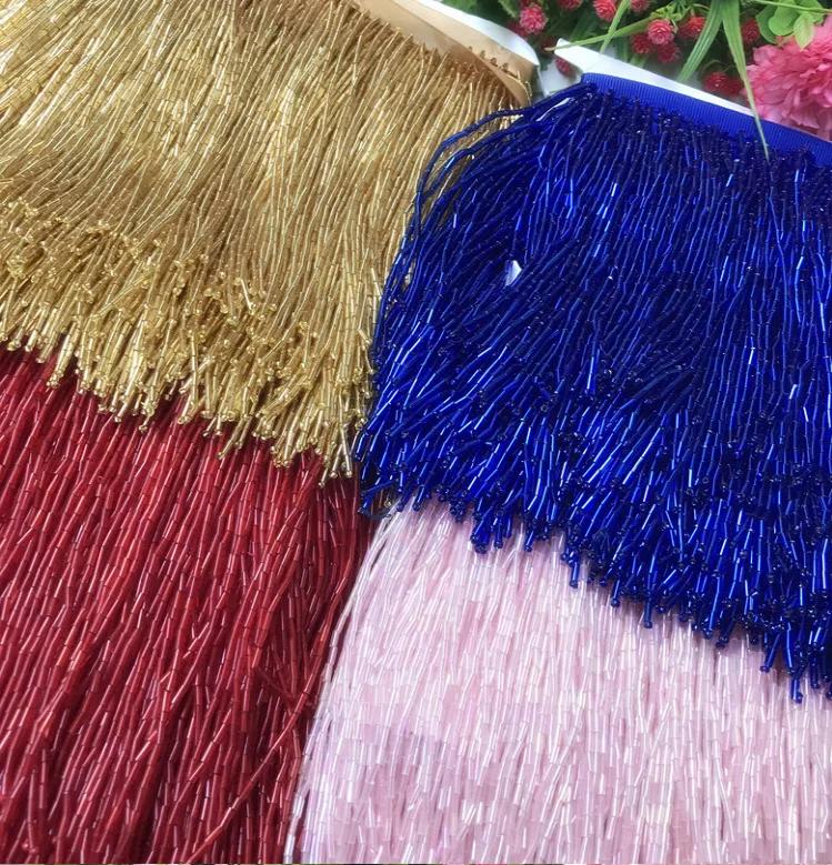 Shiny Glass Tube Beaded Fringe Tassel Trim Ribbon Stage Latin Dress Trim Lace Ribbon Decor for Clothing Sewing Diy Accessories