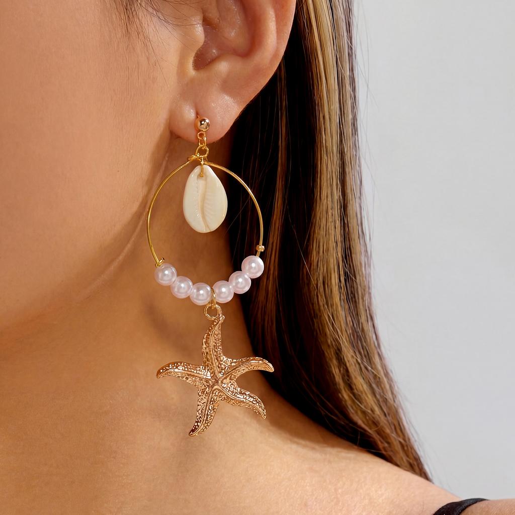 Imitation Pearl Starfish Shell Fringe Earrings Summer Pendant Earrings Beach Vacation Style Accessory Fashion Daily Accessory