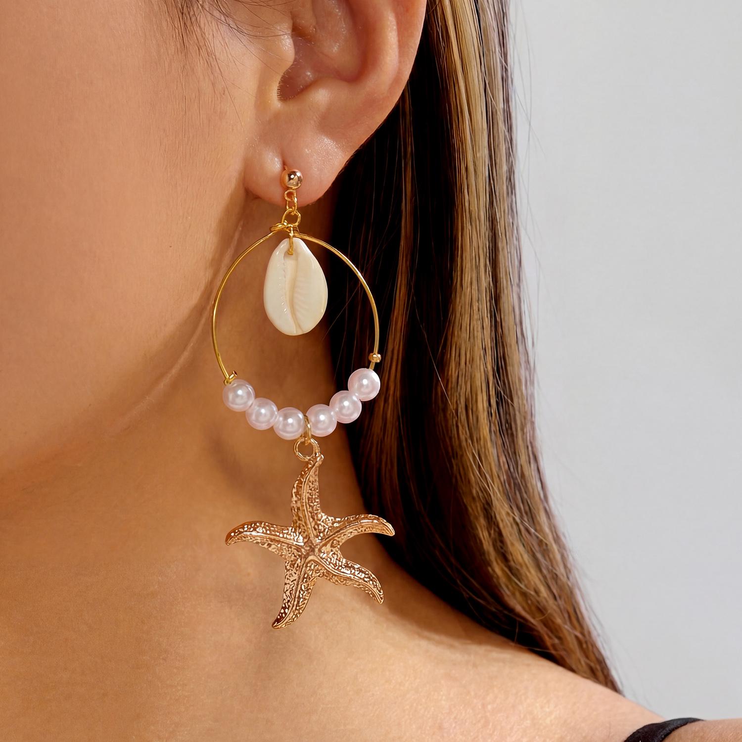 Tropical Hoop Earrings for Women Azure Blue Pebble Starfish Dangle Coastal Resort Vacation Summer Beach Jewelry