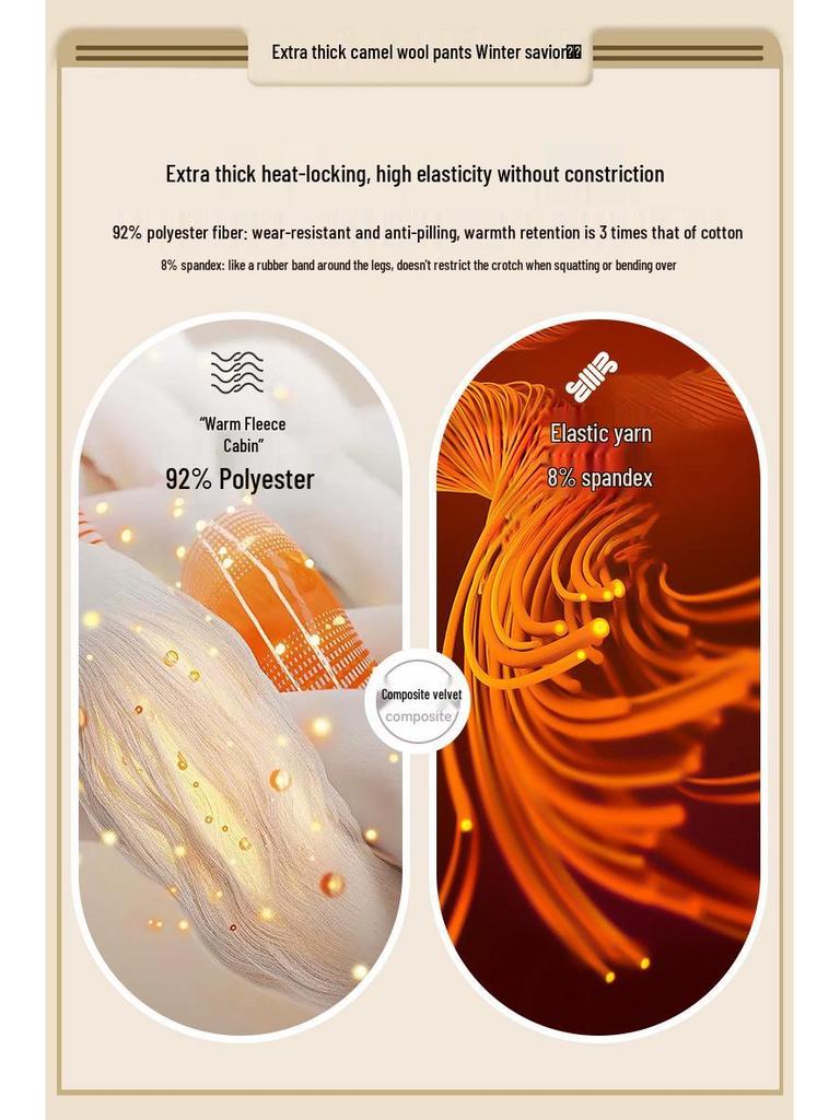 Men's Fleece-Lined Wool Warm Pants - Camel, Lambswool, Cold-Proof Winter Base Layer