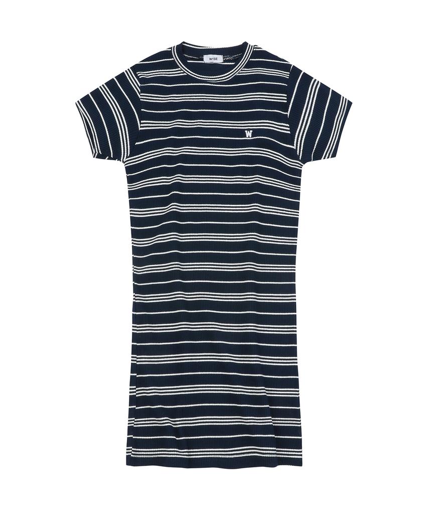 Wise Round Striped Short Sleeve Dress (Navy)