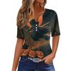 Womens Halloween Print V Neck Short Sleeve Button T Shirt Casual Fashion Top Lightweight Comfortable Fit