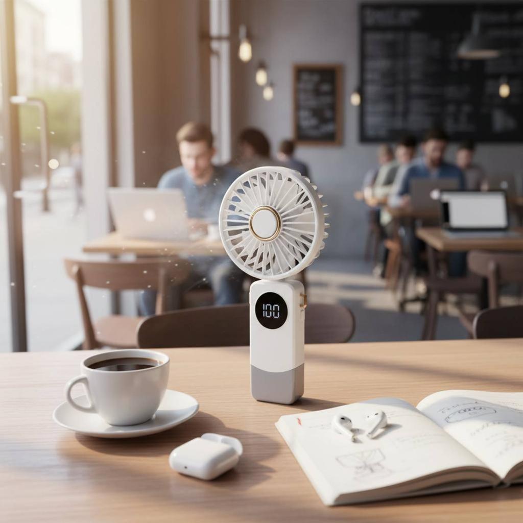 Handheld Foldable Fan 5-Speed Adjustable Battery-Powered Neck Fan Individual Cooling Device Quiet Functioning for Commuters