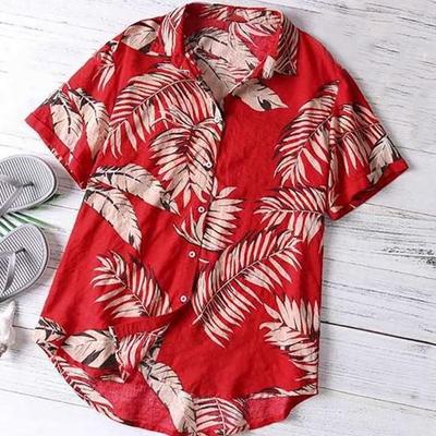 Men Shirt Lapel Leaf Print Lightweight Short Sleeve Buttons Hawaiian Shirt for Club