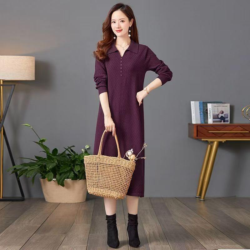 PO neck sweater skirt women's large size dress lapel autumn and winter knee medium and long new loose jacquard bottoming skirt