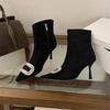 Mi Ting pointed head high heel short boots women's autumn and winter rhinestone square buckle side zipper fashion boots fashionable black short boots