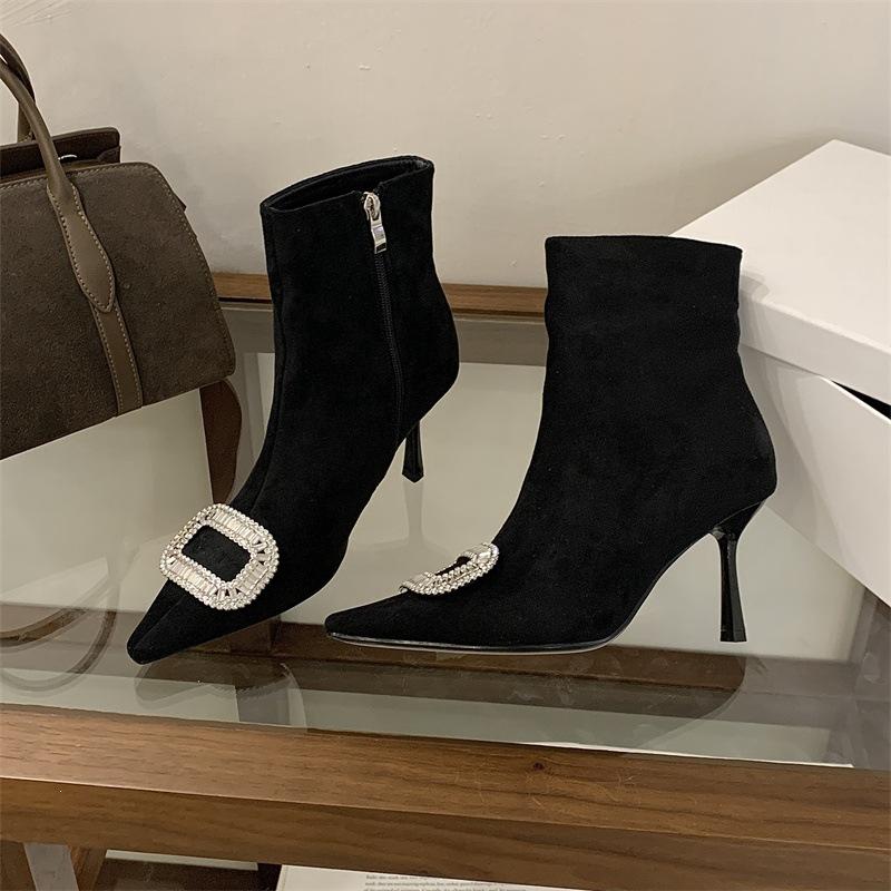 Mi Ting pointed head high heel short boots women's autumn and winter rhinestone square buckle side zipper fashion boots fashionable black short boots
