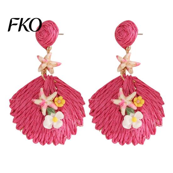 Lightweight Raffia Earrings 1 Pair Bohemian Starfish Shell Dangle Drop for Beach Vacation Women, Handwoven Boho Straw Rattan Statement Jewelry, Summer