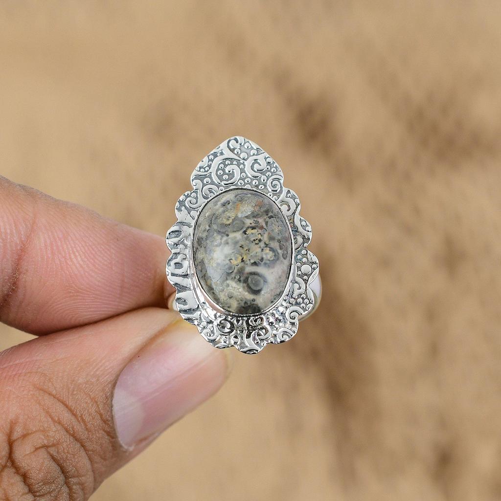 Gift For Her 925 Silver Natural Leopardskin Jasper Promise Adjustable Ring
