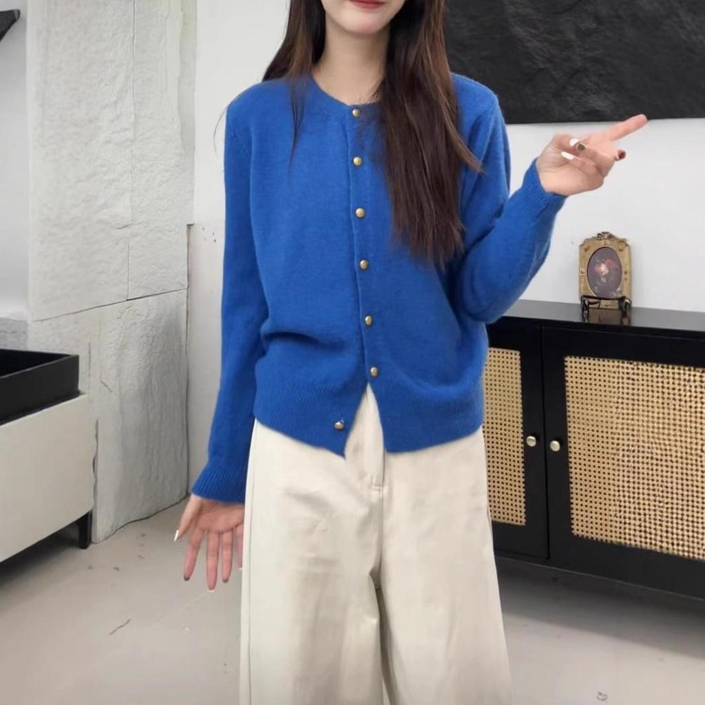 Highly Recommended! Women's Korean-Style Wool Knit Cardigan in Raspberry Color with Gold Buckle - Soft, Fluffy, High-End Sweater Coat.