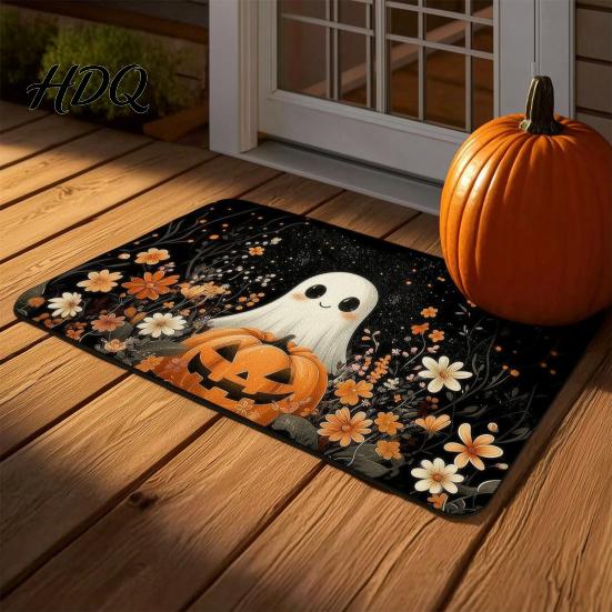 Absorbent Bathroom Rug Halloween Bath Mat Pumpkin Ghost Bat Pattern Rug Living Room Carpet Machine Washable Non-Slip Gothic Area for Entrance