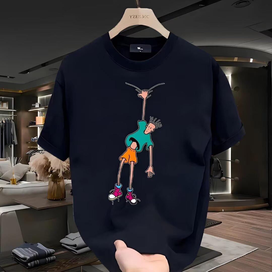 Mens American Style Casual Loose Crew Neck Short Sleeve Cartoon Print T Shirt S чёрный
