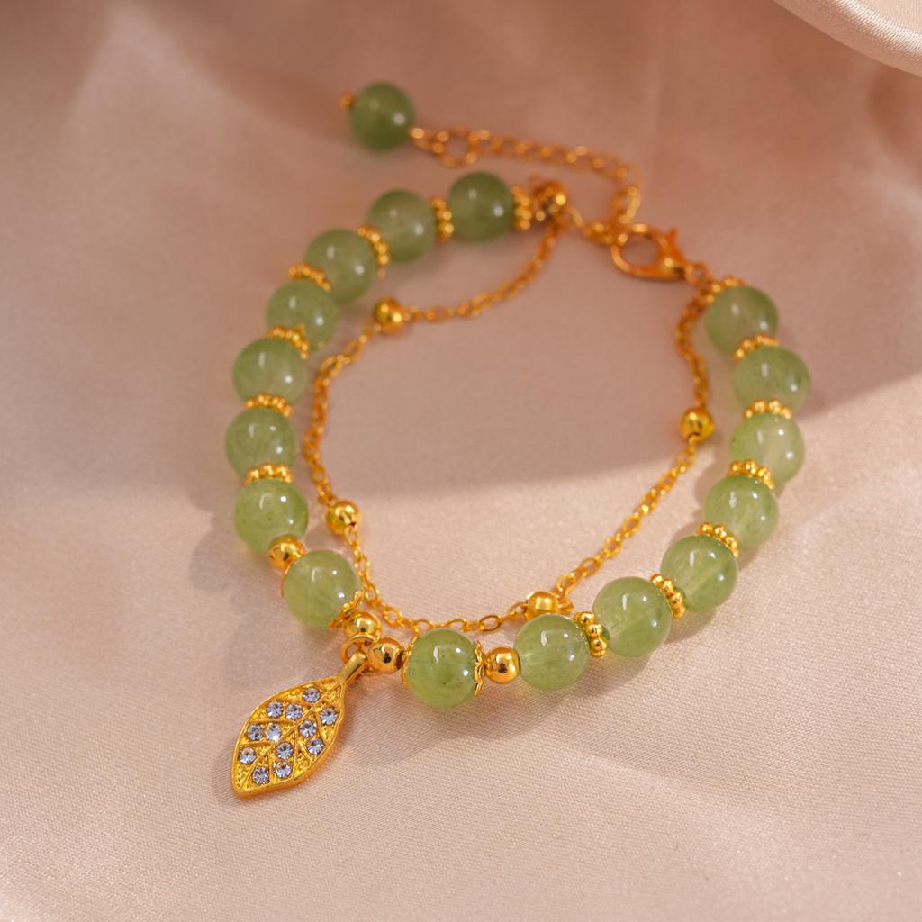 Chinese Style Green Jade Bracelet For Women Exquisite Gold Color Leaves Wrist Strap Bangle Double Chain Bracelet Girls Gifts