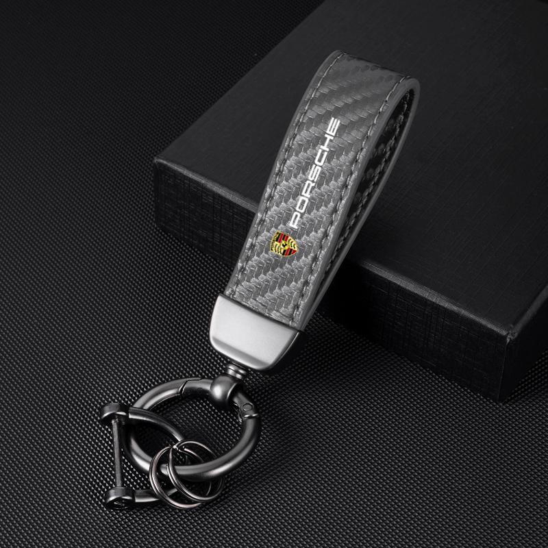 Car Carbon fiber Leather Keychain 3D Emblem Key Ring For Porsche Panamera Cayenne Taycan 911 718 Macan Carrera-GT 928 944 968
