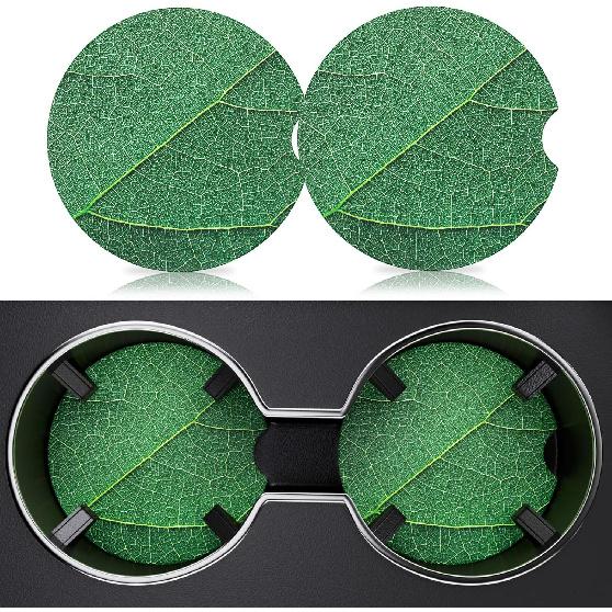 2 Pack Car Cup Holder Coasters, 2.63 Inch Anti Slip Ceramic Absorbent Coaster with Cork Base and Finger Notch, Cute Car Accessories Interior for